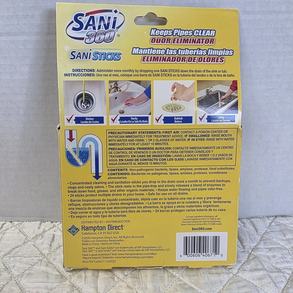 SANI 360 Sani Sticks Drain Cleaner Odor Eliminator Lemon 24ct EPA 40671